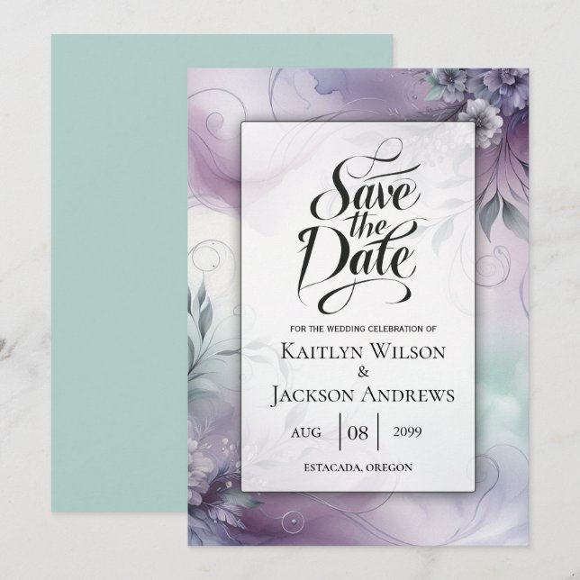Lavendelnebel und Wasserfarbenflüßer Hochzeit Save The Date (Vorne/Hinten)