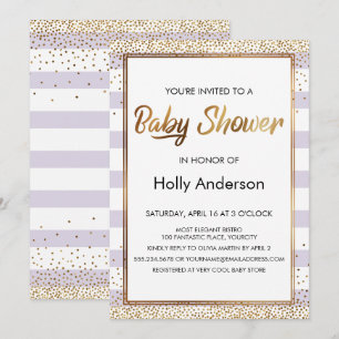 Lavendelstreifen Gold-Konfetti-Script-Baby-Party Einladung