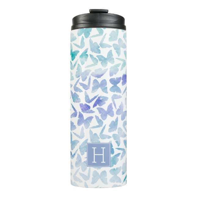 Lavendelwatercolor-Schmetterlinge mit Monogramm Thermosbecher (Vorderseite)