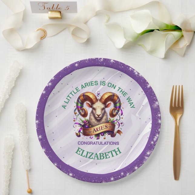 Lavender and Green Aries Zodiac Baby Shower Pappteller (Hochzeit)