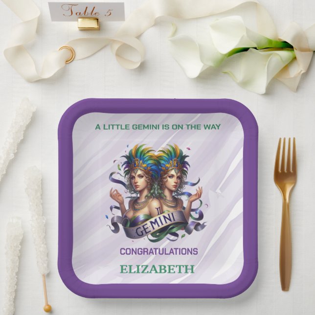 Lavender and Green Gemini Zodiac Baby Shower Pappteller (Hochzeit)