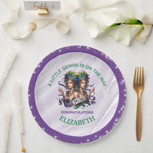 Lavender and Green Gemini Zodiac Baby Shower Pappteller (Hochzeit)