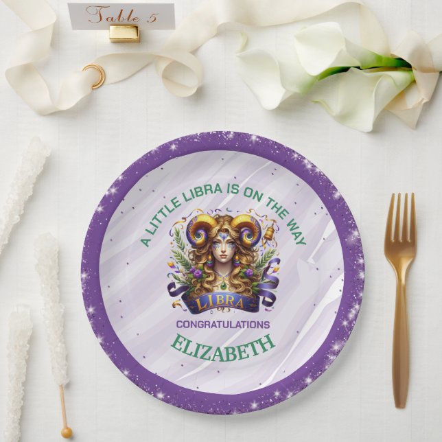 Lavender and Green Libra Zodiac Baby Shower Pappteller (Hochzeit)
