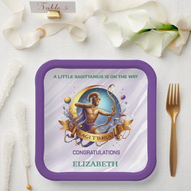 Lavender and Green Sagittarius Zodiac Baby Shower Pappteller (Hochzeit)