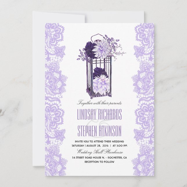 Lavender and Purple Flowers Lantern Wedding Einladung (Vorderseite)