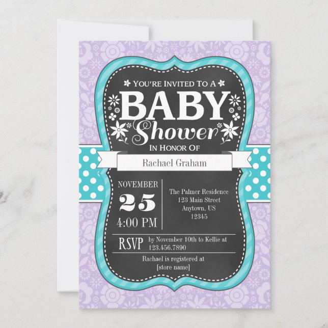 Lavender Aquamarine Chalkboard Floral Baby Dusche  Einladung (Vorderseite)