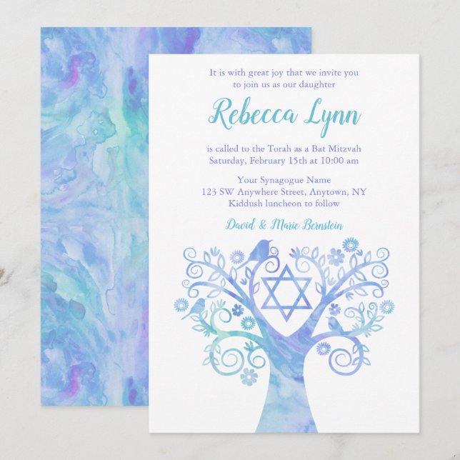 Lavender Aquamarine Wasserfarbenbaum Bat Mitzvah Einladung (Vorne/Hinten)
