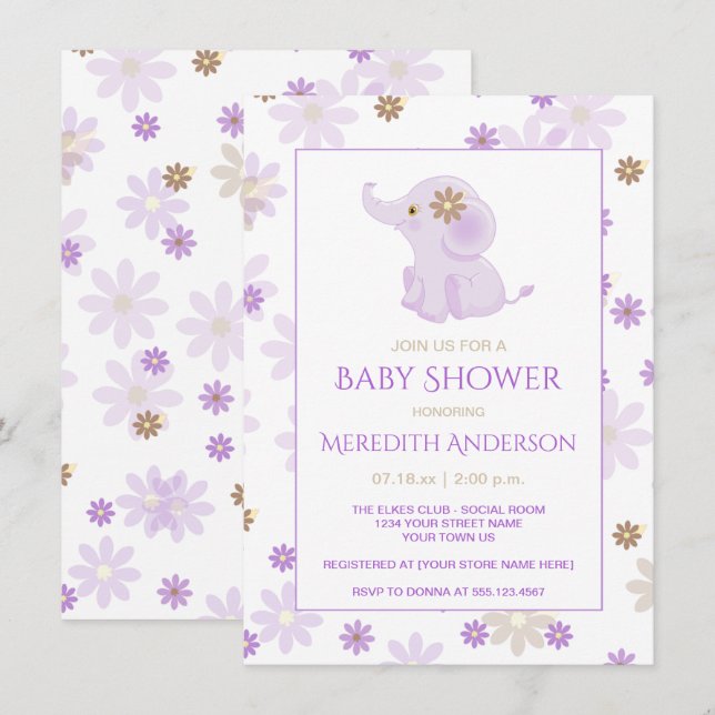 Lavender Baby Elephant Floral Baby Dusche | Einladung (Vorne/Hinten)