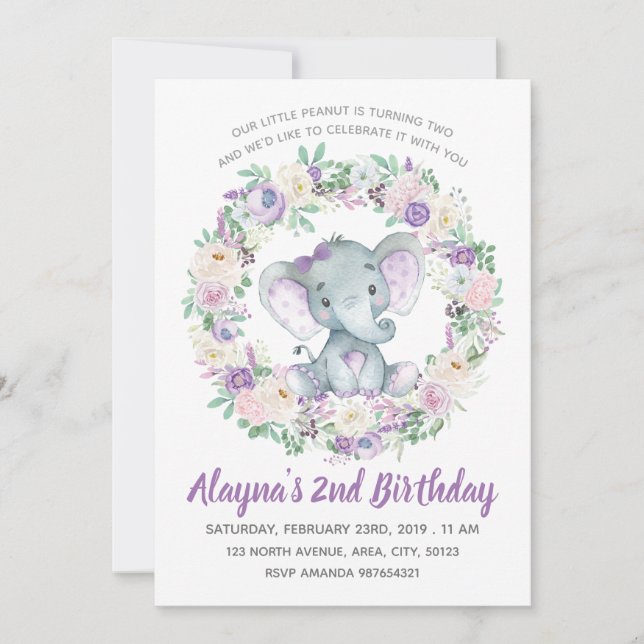Lavender Baby Elephant Invitation Anniversaire (Devant)