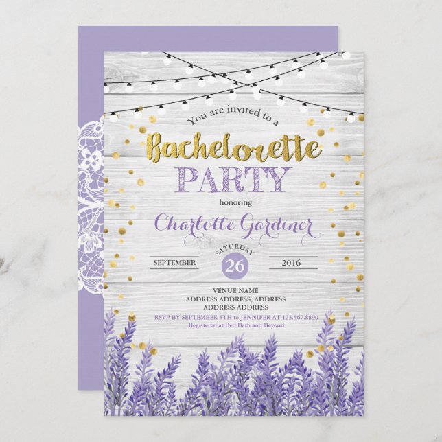 Lavender bachelorette invitation Bois rustique (Devant / Derrière)
