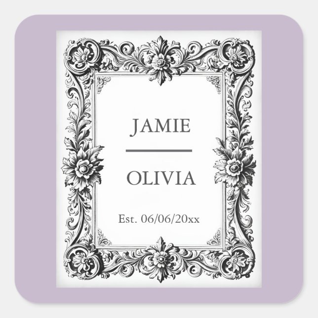 LAVENDER Barockstil Hochzeit - Eigener Text Quadratischer Aufkleber (Vorderseite)