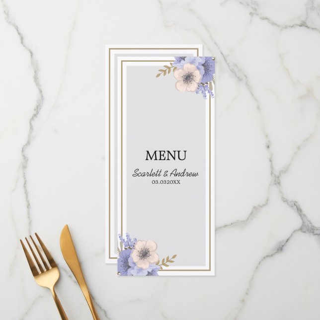 Lavender & Beige Blume Menükarte (Vorderseite/Rückseite Beispiel)