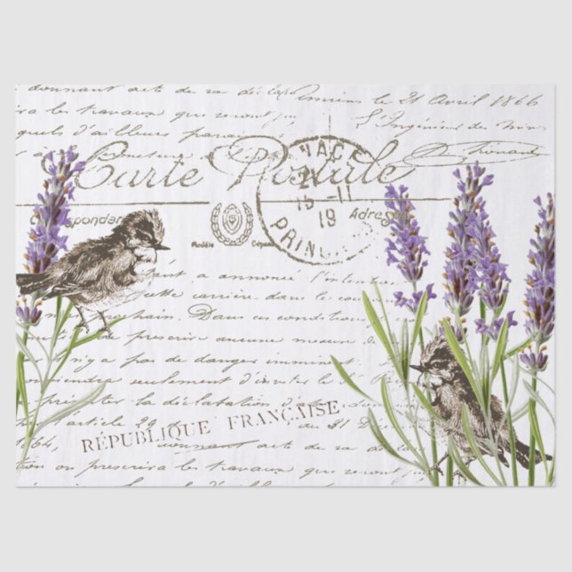 Lavender Bird Postcard Französisches Skriptdekoupa Seidenpapier (Vorderseite)