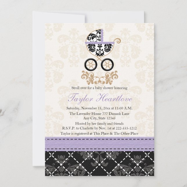LAVENDER BLACK DAMASK BABY CARRIAGE BABY SHOWER EINLADUNG (Vorderseite)