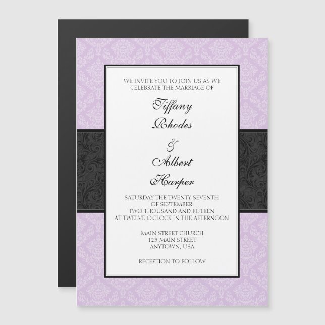 Lavender Black Damask Magnetic Wedites Magneteinladung (Vorne/Hinten)