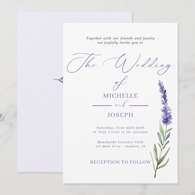 Lavender Bliss Elegante Hochzeit im Wasserfarbenbe Einladung (Vorne/Hinten)
