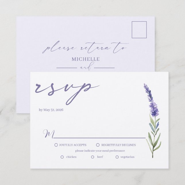 Lavender Bliss Elegante Watercolor Wedding RSVP (Vorne/Hinten)