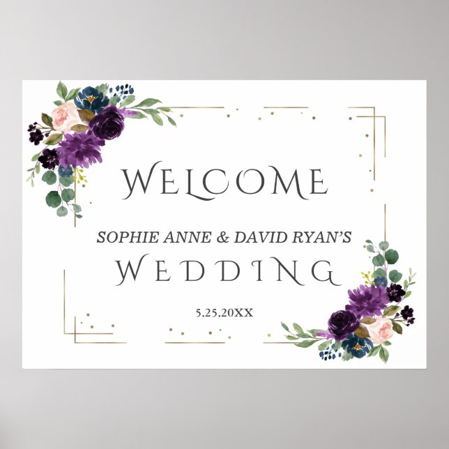 Lavender Blue Flowers Gold Wedding Willkommenszeic Poster (Vorne)
