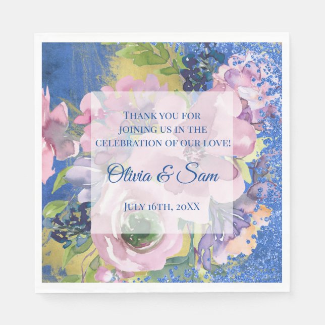 Lavender Blues Watercolor Glitzer Hochzeit Serviette (Vorderseite)