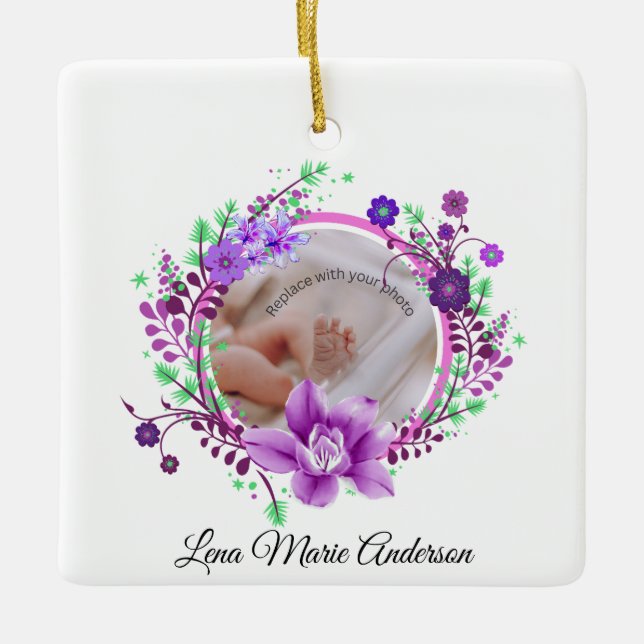 Lavender Blume Geburtshilfe Foto-Gedenk Keramikornament (Vorderseite)