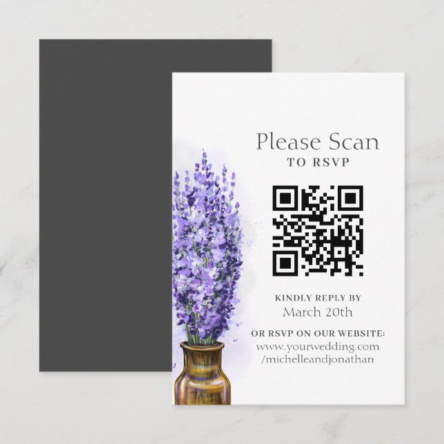 Lavender Blume Moderner QR-Code für Blumenhochzeit RSVP Karte (Vorne/Hinten)