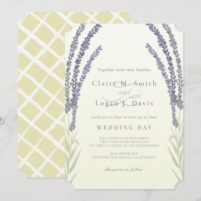 Lavender Blume Sprigs Gelbe Hochzeit Einladung (Vorne/Hinten)