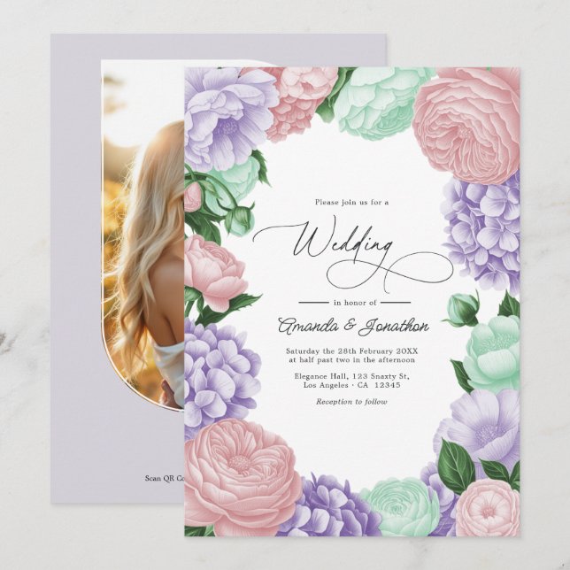 Lavender, Blush & Mint Floral Wedding Einladung (Vorne/Hinten)