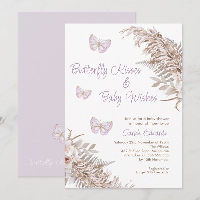 Lavender Boho Floral Butterfly Kisses Baby Dusche Einladung (Vorne/Hinten)