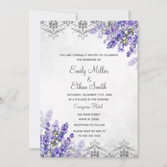 Lavender boho Hochzeit Einladung Wasserfarbe (Vorderseite)