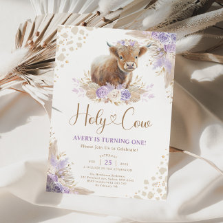 Lavender Boho Pampas Highland Cow Girl Birthday Einladung