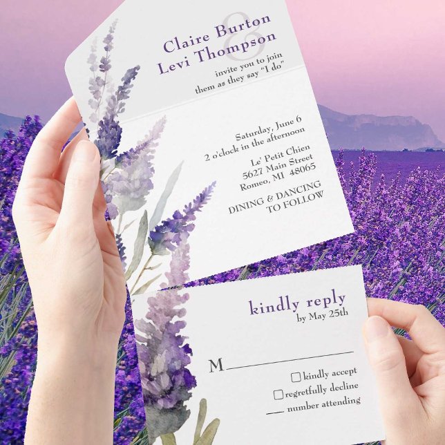 Lavender Botanical Purple Flowers Hochzeit All In One Einladung (Lovely watercolor lavender flowers on an all-in-one invitation for your spring/summer wedding.)