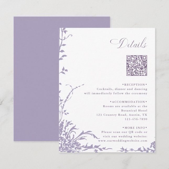 Lavender Botanical Wedding QR Code Details Begleitkarte (Vorne/Hinten)