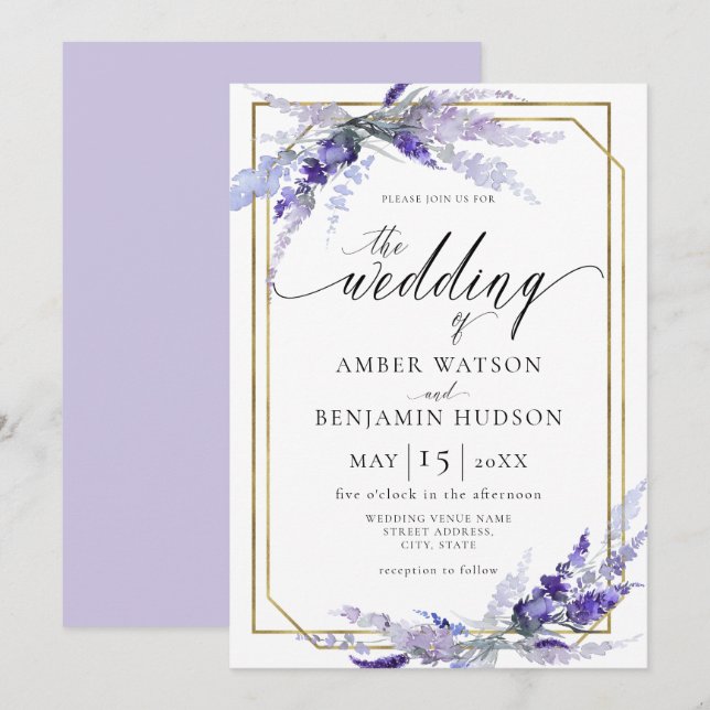 Lavender Botanische Floral Dusty Puple Wedding Einladung (Vorne/Hinten)