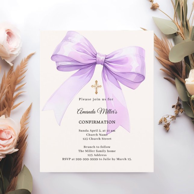 Lavender bow cream girl Confirmation invitation (Von Creator hochgeladen)