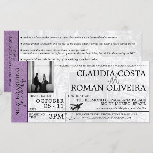 Lavender Brazil Wedding Boarding Pass Einladung (Vorne/Hinten)