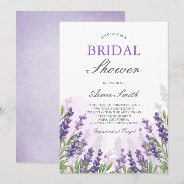 Lavender Bridal Dusche Einladung Lila rustikal (Vorne/Hinten)