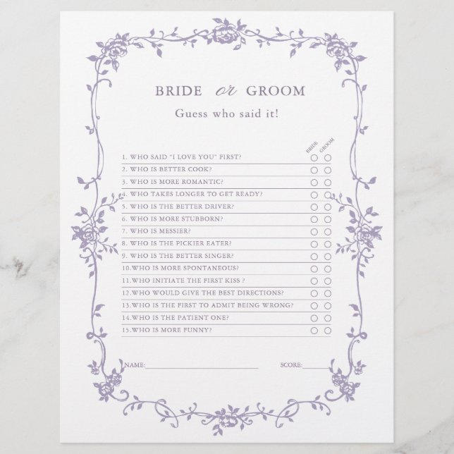 Lavender 'Bride or Groom' Bridal Shower Game  (Vorderseite)