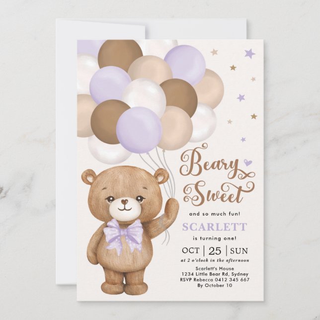 Lavender Brown Teddy Bear mit Balloons Geburtstag Einladung (Vorderseite)