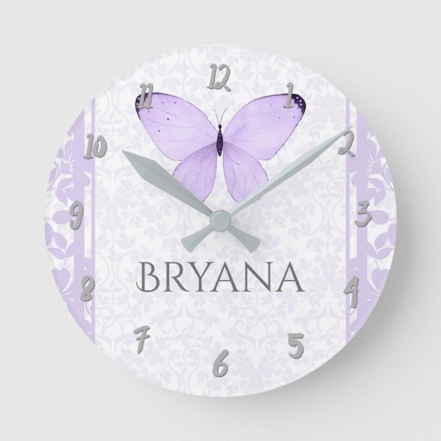 Lavender Butterfly Nursery Room Personalized Runde Wanduhr (Vorderseite)