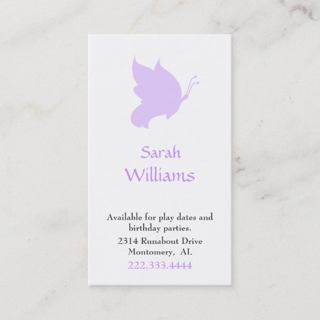 Lavender Butterfly Silhouette Play Date Card Telefonnummerkarte (Vorderseite)