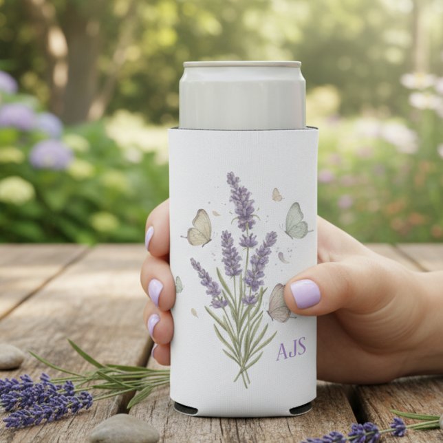 Lavender Butterfly Slim Can Cooler - Shabby Chic Selters Dosenkühler (Lavender and butterfly monogram drink cooler)