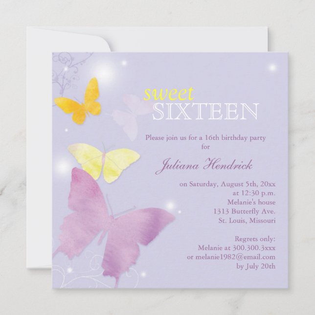 Lavender Butterfly Sweet 16 Geburtstagsparty Einladung (Vorderseite)