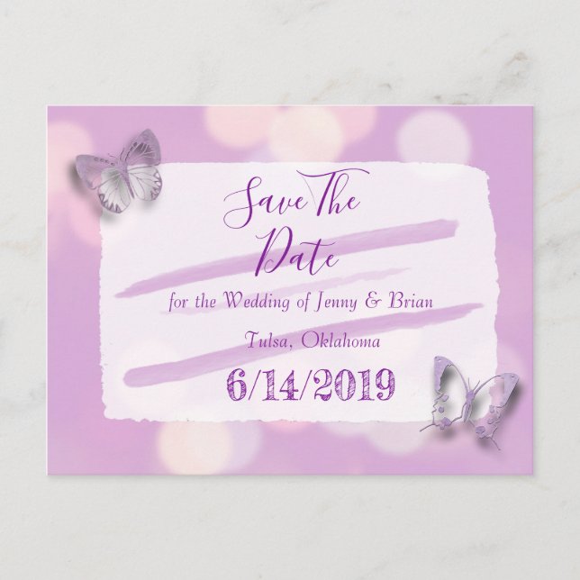 Lavender Butterfly Wedding Save the Date Postkarte (Vorderseite)