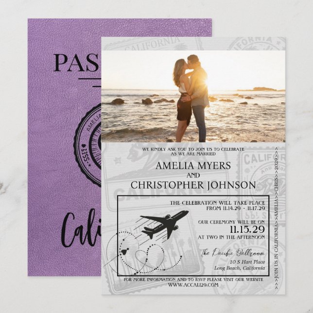 Lavender California Passport Wedding Einladung (Vorne/Hinten)