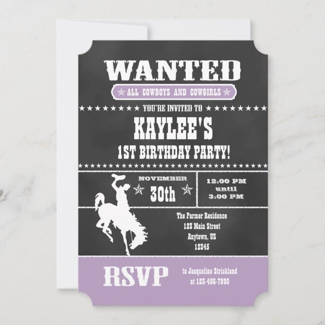 Lavender Chalkboard Cowboy Invitation d'anniversai (Devant)