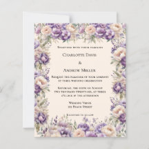 Lavender champagne cream floral wedding invitation