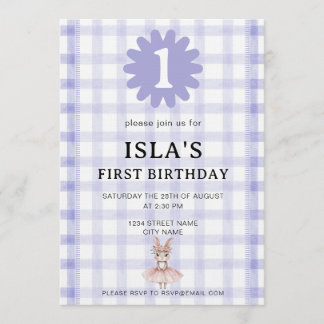 Lavender Check Bunny Ballerina Birthday Invitation Einladung