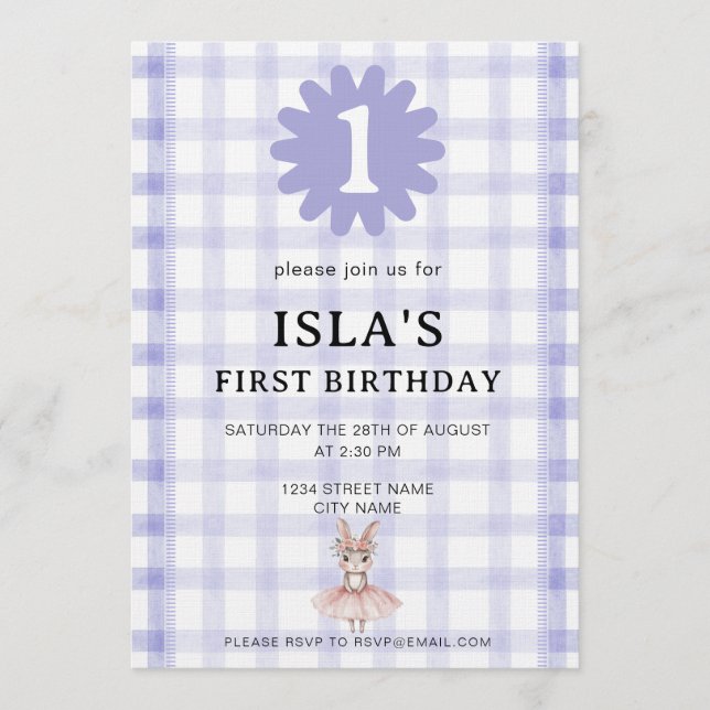 Lavender Check Bunny Ballerina Birthday Invitation Einladung (Vorderseite)