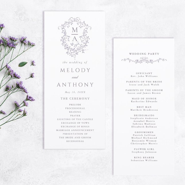 Lavender Classic Floral Crest Wedding Ceremony Programm (Front & Back)