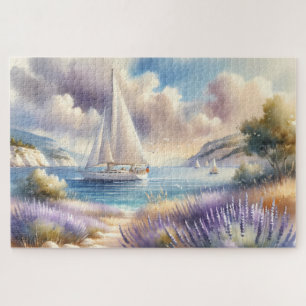 Lavender Coast Sailboat Wasserfarbe Szene